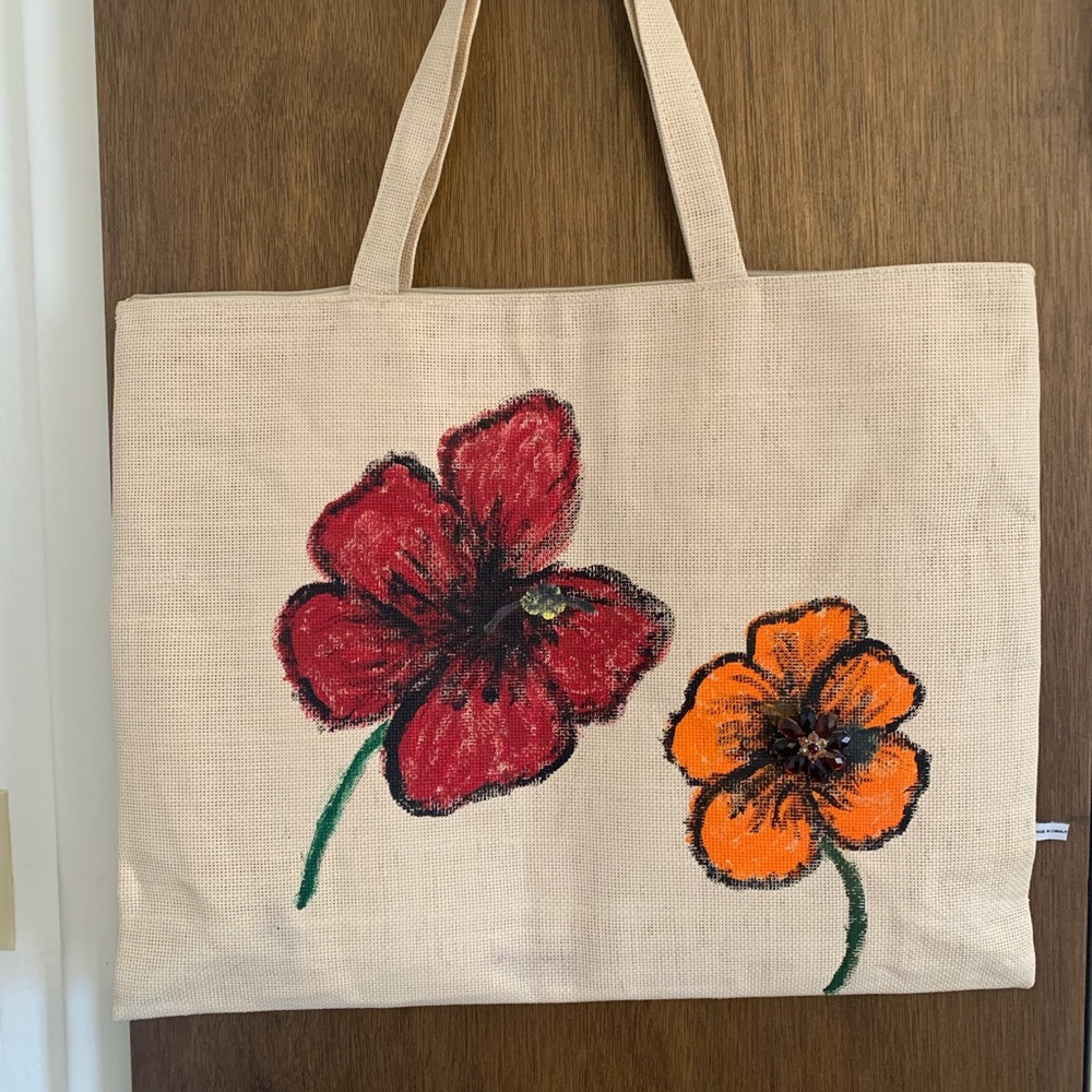 Hand Painted Large Natural Woven Bag